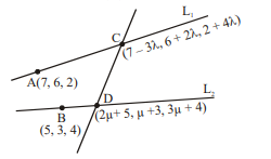 A line L 1 with direction ratios langle-3,2,4 rangle passes through the ...
