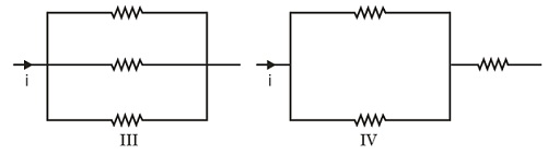 Three resistors of equal resistance are arranged in four different ...