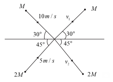 Two particles of masses M and 2M are moving with speeds of 10 m s- 1 ...